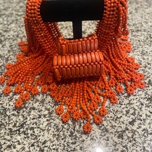 Elegant Coral Beaded Necklace and purse Set